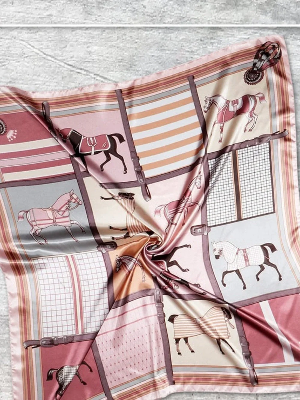 Silk-Feel Horse Print Scarf in Pink and Cream